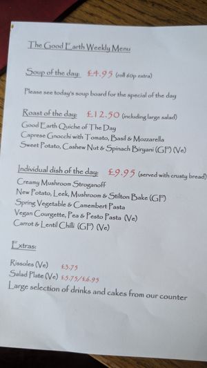 Typical menu at The Good Earth in Leicester