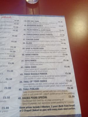 Second part of the menu for main meals at Sardaar Restaurant in Leicester