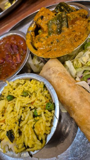 Vegan thali + springroll at Govinda's in London