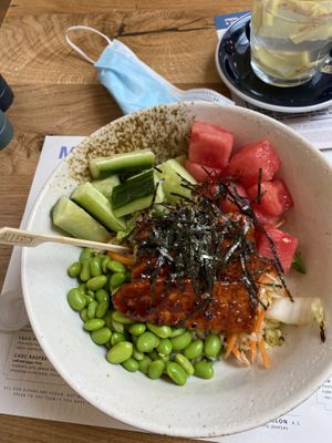 Tempeh poke bowl- amazing 10/10. Very nice when I asked for sauce on side. Amazing would defo go again and amazing service  at Mildreds - Soho in London