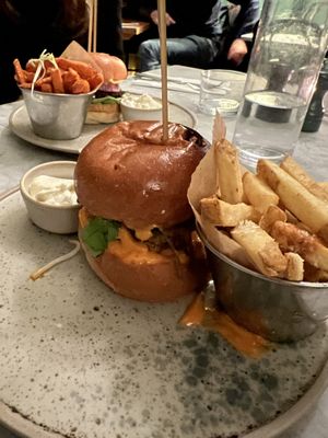 Burgers with fries  at Mildreds - Soho in London