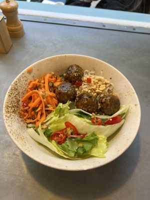 Spicy tempeh balls and salad - excellent   at Mildreds - Soho in London