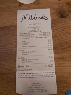Donation? And no optional service charge at Mildreds - Soho in London