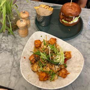 Gf kimchi fried rice & American-style ‘chicken’ burger   at Mildreds - Soho in London