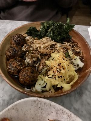 Noodles and meatballs  at Mildreds - Soho in London