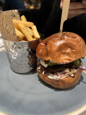 Burger and fries   at Mildreds - Soho in London