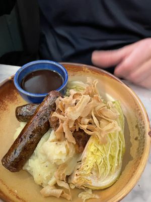Sausage and mash with cabbage  at Mildreds - Soho in London