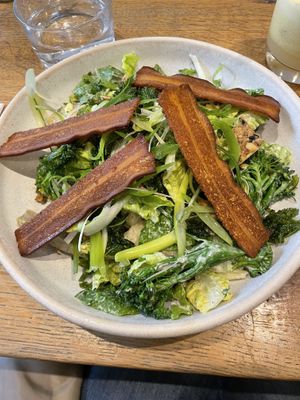 Artichoke Caesar salad with daikon radish bacon on top. So good omg! It’s not often I crave a salad but I’ll be dreaming about this one.   at Mildreds - Soho in London