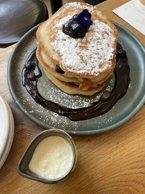 blueberry pancakes with cream (the cream is so tasty!)  at Mildreds - Soho in London
