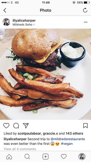 Classic burger and sweet potato fries at Mildreds - Soho in London