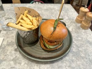 Spinach pea aloo tikki burger  at Mildreds - Soho in London