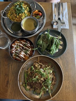 Padron peppers, Patatas Bravas, Shiitake tempeh Dan Dan Noodles & Kiri Hodi 👌🏻  at Mildreds - Soho in London
