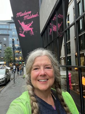 Outside Madam Mildreds after a great meal! at Mildreds - Soho in London