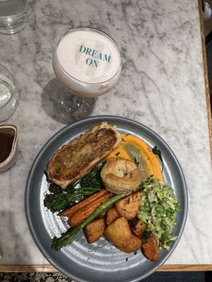 Chicken and leek Sunday roast. Rose Elderflower bellini  at Mildreds - Soho in London