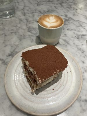 Flat white and tiramisu  at Mildreds - Soho in London