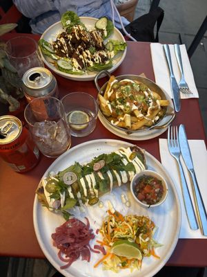 salsa verde burrito, teriyaki cauliflower and loaded nacho friess  at Mildreds - Soho in London