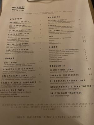 Evening menu  at Mildreds - Soho in London