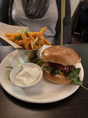 Burger and fries  at Mildreds - Soho in London