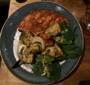 Incredibly realistic vegan ‘chicken’ screwers with whipped tahini at Mildreds - Soho in London