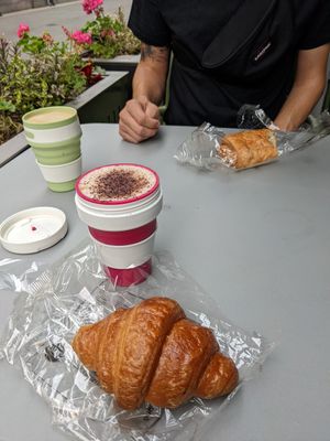 Vegan croissant & pain au chocolat, latte & capuccino with oat milk at Whole Foods Market - Piccadilly in London