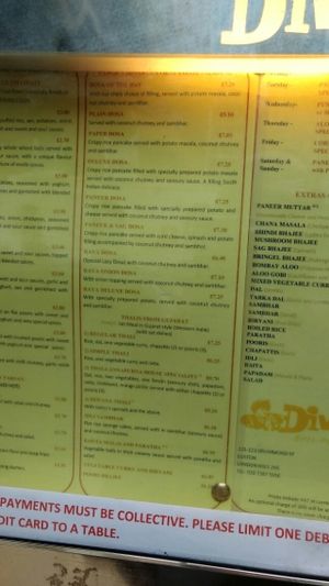 menu at Diwana Bhel Poori House in North West London