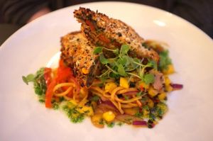 Teriyaki aubergine V
Char grilled aubergine layered with coriander pesto, roasted red peppers, shitake mushrooms and fresh horseradish, coated with crispy breadcrumbs and served on stir fried noodles with a pickled ginger and mango salad. at The Gate - Hammersmith in West London