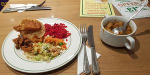 Mixed plate and soup at Indian Veg Bhelpoori House in North London