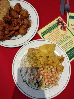 Salad, rice, chana and aloo at Indian Veg Bhelpoori House in North London