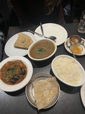 Aubergine curry, Dahl, vegan garlic paratha and vegan roti  at Jai Krishna in North London