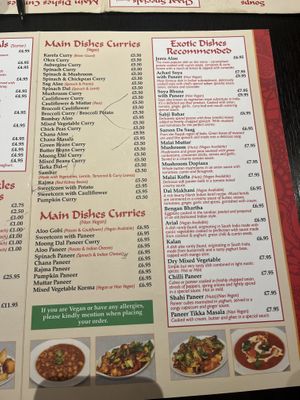 Menu  at Jai Krishna in North London