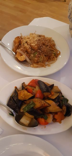 Pad Thai and braised aubergine at Loving Hut in North London