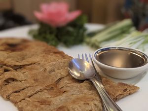 Duck pancakes to share...nice! at Loving Hut in North London