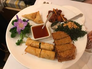 Mixed hors d’oeuvres sharing platter at Loving Hut in North London