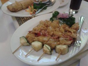 Chicken satay sticks at Loving Hut in North London