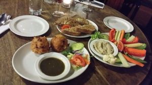 Our starter - crudites with an aubergine pate, and vegetable fritters with a coriander dip at Riverside Vegetaria in Kingston Upon Thames