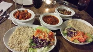Shared main - three curries , rice and salad at Riverside Vegetaria in Kingston Upon Thames