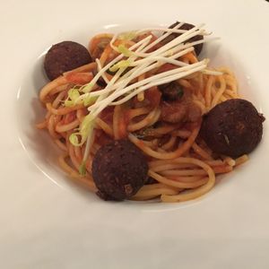 spaghetti and veatballs. small portion and salty.  at Manna London Restaurant - Maybe closed in North West London