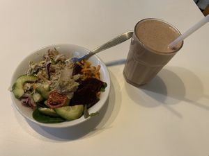 Medium salad bowl and chocolate smoothie  at Earth Cafe in Manchester
