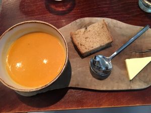 Sweet potato, chilli and almond soup (part of 3 course Sunday lunch) at Greens in Manchester