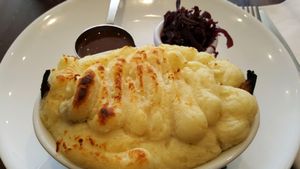 Mushroom and Aubergine cottage pie and pickled cabbage at Greens in Manchester