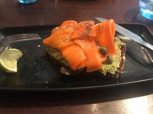 Mock smoked salmon over mashed avocado at Greens in Manchester
