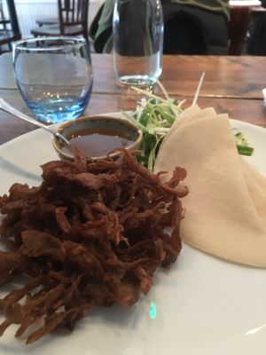 deep fried oyster mushroom pancakes with plum sauce. I want to keep eating this until they have to roll me out the door. at Greens in Manchester