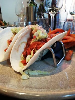 Pulled Jackfruit tacos with sweet potato fries at Greens in Manchester