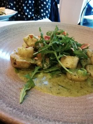 Gnocchi with almond pesto, artichoke, edamame, and rocket at Greens in Manchester