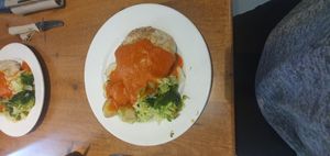 Main: Cheese & chard pie. Sides: Steamed seasonal greens in lemon juice & cracked black pepper, pan-fried new potatoes with red pepper sauce. at The 8th Day in Manchester