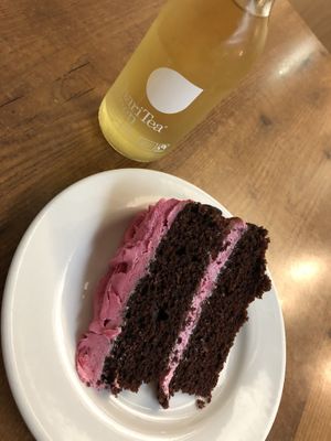 Choc and raspberry vegan cake at The 8th Day in Manchester