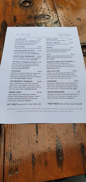 Zoo menu at The Zoo in Hull