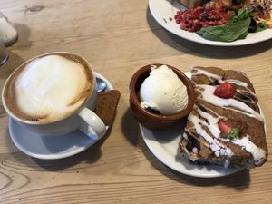Vegan strawberry cake with vegan ice cream, latte with soya milk  at The Zoo in Hull