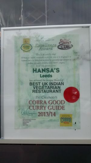 Hansa's best restaurant award at Hansa's Restaurant in Leeds