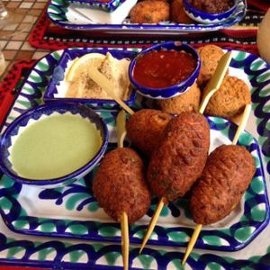 Fiery kebabs: skewered spicy soya mince with chillies, 
fresh coriander and cucumber raitha at El Piano in York